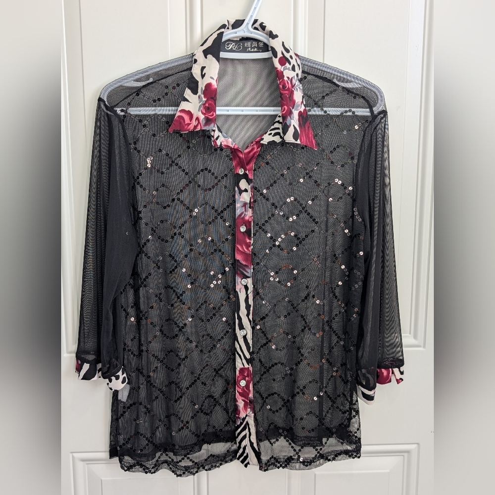 Pink Berry Black Sheer Button Down Shirt with Floral Accents
